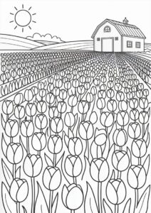 Detailed Tulips Growing In Field With Barn 1