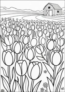 Detailed Tulips Growing In Field With Barn 2