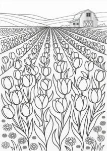 Detailed Tulips Growing In Field With Barn 3