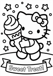 Easy Hello Kitty With A Large Ice Cream Coloring Page Cone For Preschoolers 1