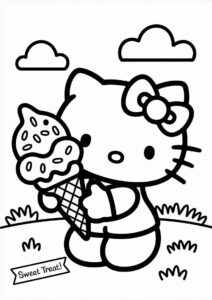 Easy Hello Kitty With A Large Ice Cream Coloring Page Cone For Preschoolers 11