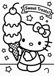 Easy Hello Kitty With A Large Ice Cream Coloring Page Cone For Preschoolers 12