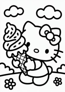 Easy Hello Kitty With A Large Ice Cream Coloring Page Cone For Preschoolers 2