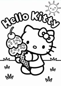 Easy Hello Kitty With A Large Ice Cream Coloring Page Cone For Preschoolers 3