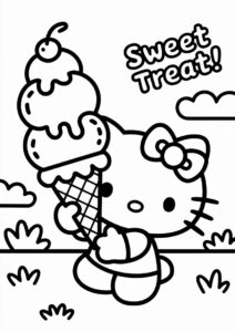Easy Hello Kitty With A Large Ice Cream Coloring Page Cone For Preschoolers 5