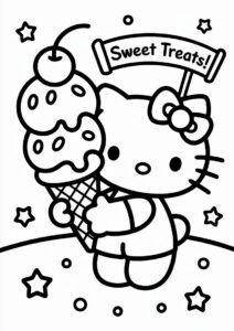Easy Hello Kitty With A Large Ice Cream Coloring Page Cone For Preschoolers 9