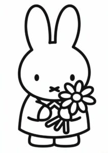 Easy Miffy Coloring Page Holding Flowers 1