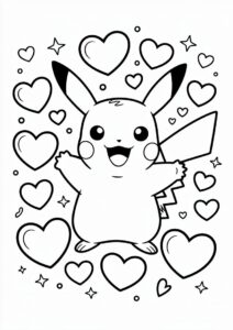 Easy Pikachu Surrounded By Love Hearts Valentines Day Coloring Page For Kids 1
