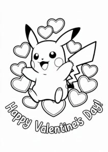 Easy Pikachu Surrounded By Love Hearts Valentines Day Coloring Page For Kids 2