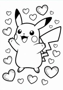 Easy Pikachu Surrounded By Love Hearts Valentines Day Coloring Page For Kids 3