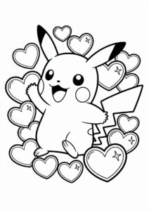 Easy Pikachu Surrounded By Love Hearts Valentines Day Coloring Page For Kids 4