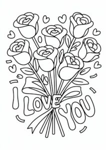 Easy Rose Bouquet I Love You Valentines Day Coloring Page For Kids 1