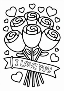 Easy Rose Bouquet I Love You Valentines Day Coloring Page For Kids 3