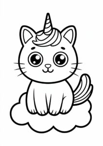 Easy Unicorn Cat Coloring Page Sitting On The Clouds For Preschoolers 1