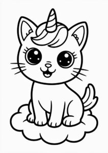 Easy Unicorn Cat Coloring Page Sitting On The Clouds For Preschoolers 2
