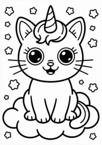 Easy Unicorn Cat Coloring Page Sitting On The Clouds For Preschoolers 3