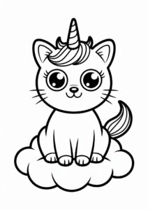 Easy Unicorn Cat Coloring Page Sitting On The Clouds For Preschoolers 4