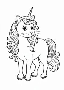 Fluffy Unicorn Cat Coloring Page With Flowing Hair 2