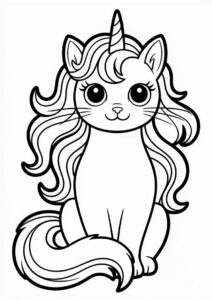 Fluffy Unicorn Cat Coloring Page With Flowing Hair 3