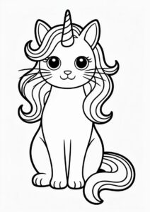 Fluffy Unicorn Cat Coloring Page With Flowing Hair 4