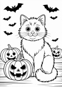 Furry Cat Sitting Next To Pumpkins Coloring Page 1