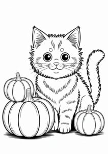 Furry Cat Sitting Next To Pumpkins Coloring Page 2