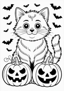 Furry Cat Sitting Next To Pumpkins Coloring Page 4