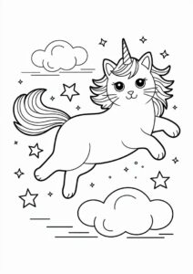 Furry Unicorn Cat Coloring Page In The Clouds With Starry Sky 1