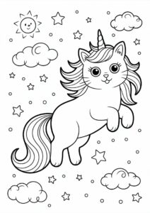 Furry Unicorn Cat Coloring Page In The Clouds With Starry Sky 2