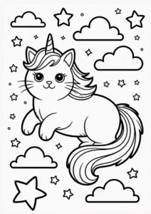 Furry Unicorn Cat Coloring Page In The Clouds With Starry Sky 3