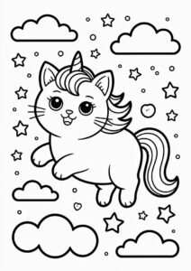 Furry Unicorn Cat Coloring Page In The Clouds With Starry Sky 4