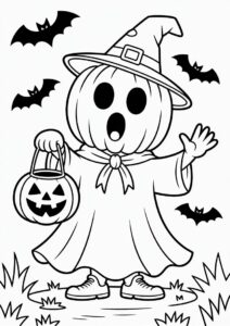 Ghost Pumpkin Coloring Page With Cape And Witch Hat Holding A Lantern 1