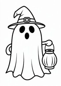 Ghost Pumpkin Coloring Page With Cape And Witch Hat Holding A Lantern 2