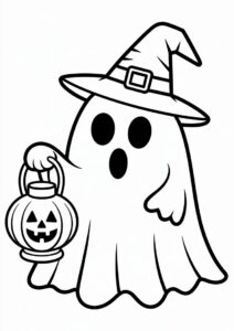 Ghost Pumpkin Coloring Page With Cape And Witch Hat Holding A Lantern 3