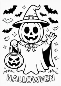 Ghost Pumpkin Coloring Page With Cape And Witch Hat Holding A Lantern 4