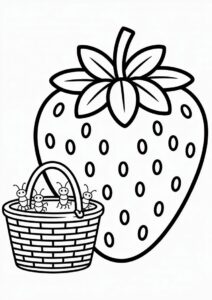 Giant Strawberry Coloring Page Beside A Basket With Ants 1