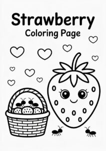 Giant Strawberry Coloring Page Beside A Basket With Ants 2