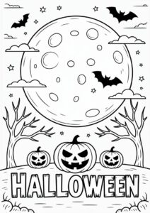 Halloween Themed Coloring Page With Big Full Moon 1