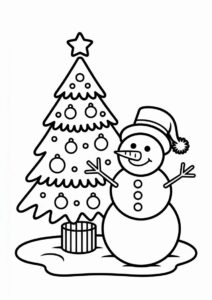 Happy Snowman Sitting Next To Christmas Tree 1