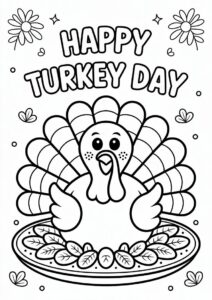 Happy Turkey Day With Cooked Turkey Coloring Sheet 1