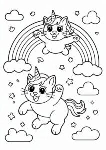 Happy Unicorn Cat Coloring Page Bouncing Off A Rainbow 1