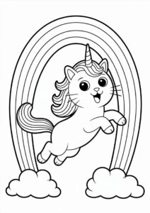 Happy Unicorn Cat Coloring Page Bouncing Off A Rainbow 2