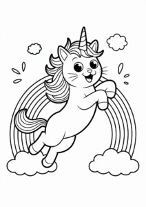 Happy Unicorn Cat Coloring Page Bouncing Off A Rainbow 3