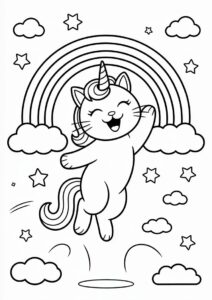 Happy Unicorn Cat Coloring Page Bouncing Off A Rainbow 4