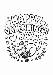 Happy Valentines Day Words With Kawaii Cat Coloring Sheet 1