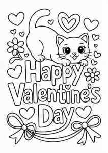 Happy Valentines Day Words With Kawaii Cat Coloring Sheet 2