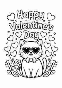 Happy Valentines Day Words With Kawaii Cat Coloring Sheet 3