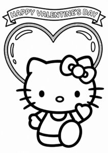 Hello Kitty With A Large Love Heart Behind Her Valentines Day Coloring Page For Preschoolers 1