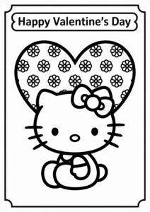 Hello Kitty With A Large Love Heart Behind Her Valentines Day Coloring Page For Preschoolers 2
