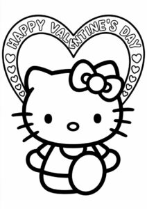 Hello Kitty With A Large Love Heart Behind Her Valentines Day Coloring Page For Preschoolers 3